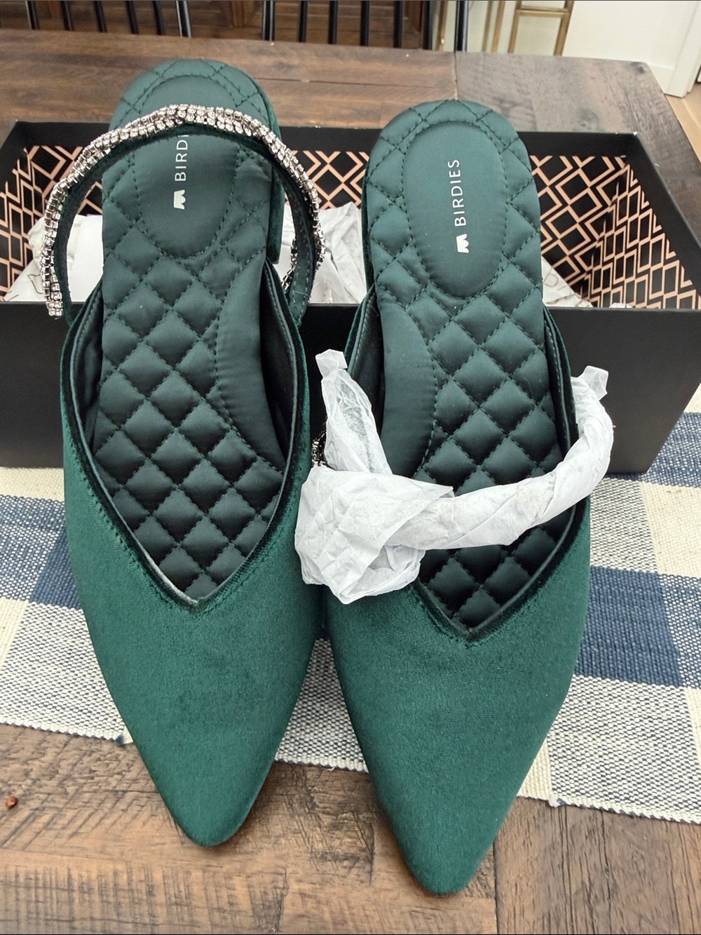Birdies swanies emerald velvet Green Pointed Slingback Flats with Quilted Insole